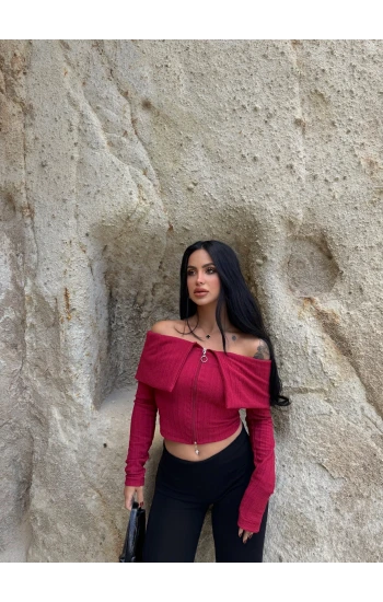 Bordo Mendili Yaka Fermuarlı Crop