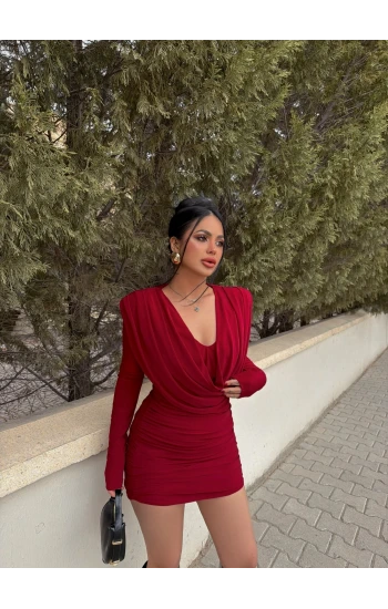 Kırmızı Omuz Vatkalı Degaje Elbise