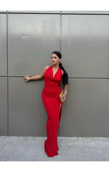 Kırmızı Yakası Degaje Maxi Elbise