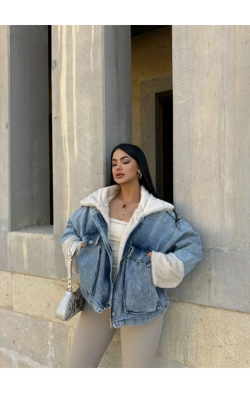 Körük Cepli Kürklü Denim Mont