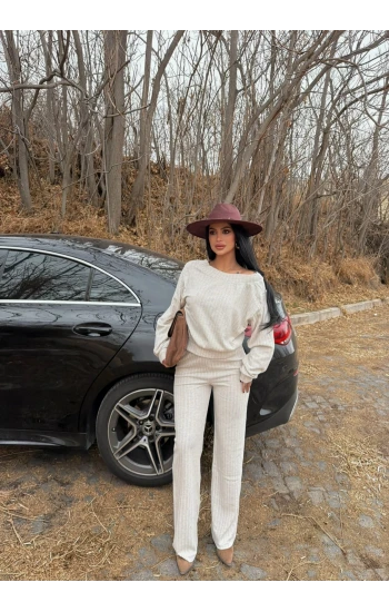 Krem Kayık Yaka Fitilli İkili Takım