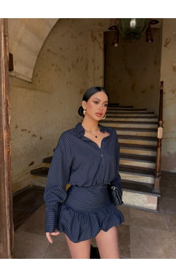 Lacivert Balon Etekli Gömlek Elbise