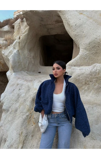 Lacivert Bel Lastikli Kaşe Bomber Ceket