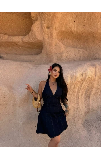 Lacivert Boyundan Geçmeli Denim Elbise