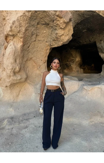 Lacivert Çift Pile Kemerli Pantolon