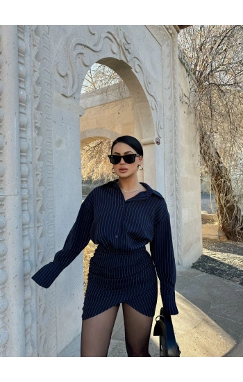 Lacivert Çizgili Gömlek Elbise