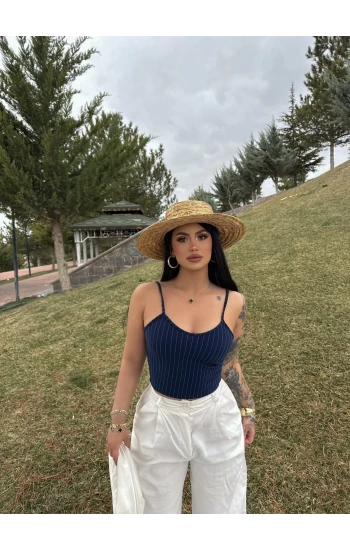 Lacivert İp Askılı Çizgili Büstiyer