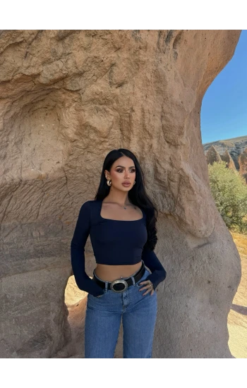 Lacivert Kare Yaka Scuba Crop