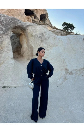 Lacivert Modal Düğmeli İkili Takım