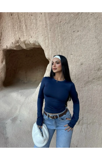 Lacivert Parmak Geçmeli Basic Crop