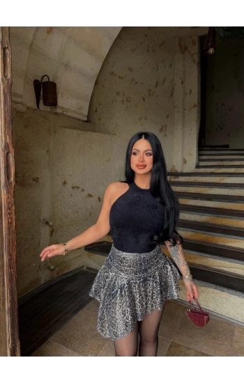 Leopar Asimetrik Kesim Payetli Etek