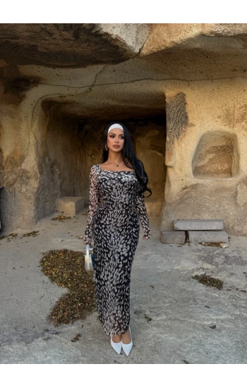 Leopar Desen Tül Detaylı Elbise