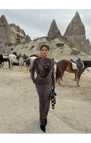 Leopar Şal Yaka Maxi Elbise
