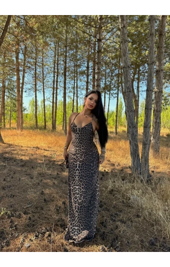 Leopar Sırt Çapraz Dubai Maxi Elbise