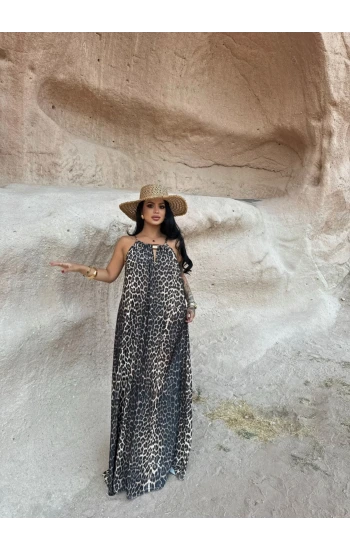 Leopar Yaka Aksesuarlı Arya Elbise