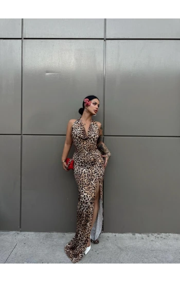 Leopar Yakası Degaje Maxi Elbise