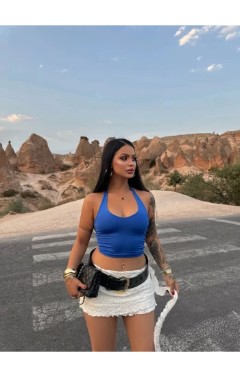 Mavi Boyundan Geçmeli Polyamid Crop