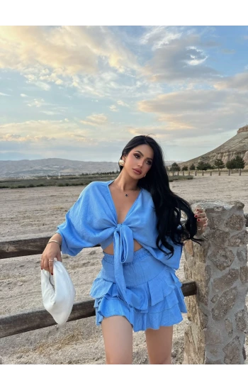 Mavi Çilek Kimono İkili Takım