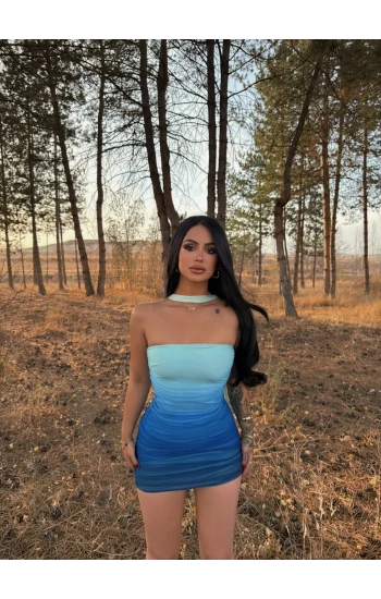 Mavi Renk Geçişli Fularlı Elbise