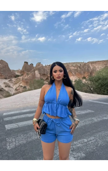 Mavi Şortlu Bürümcük İkili Takım