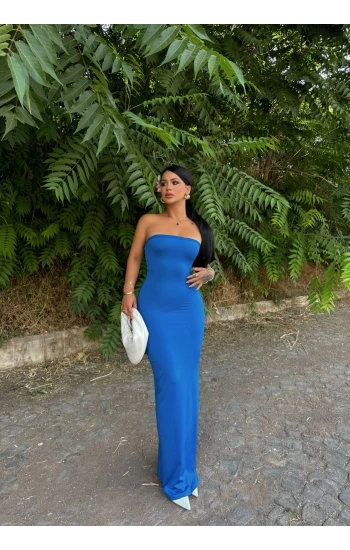 Mavi Tek Yırtmaçlı Straplez Elbise