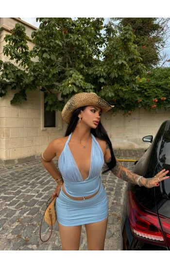 Mavi Tül Detaylı Etekli Takım