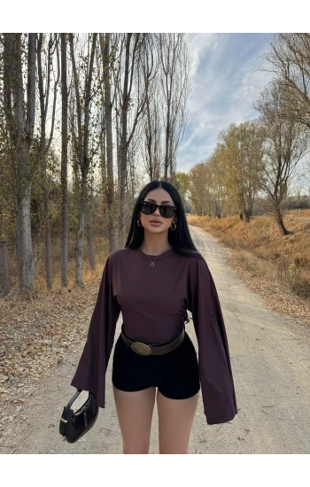 Kahve Kolları Volanlı Korseli Bluz
