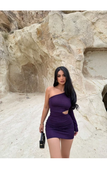 Mor Simli Yan Pencereli Elbise