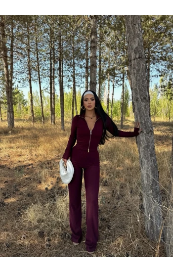 Mürdüm Çift Fermuarlı Fitilli İkili Takım