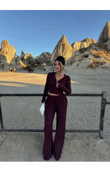 Mürdüm Kapşonlu Ters Dikiş İkili Takım