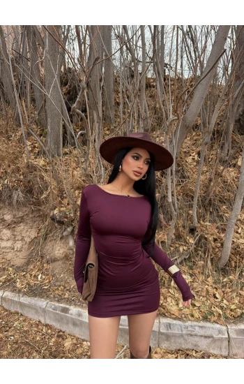 Mürdüm Sırt Açık Kayık Yaka Elbise