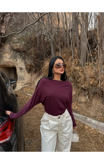 Mürdüm Yarasa Kol Kayık Yaka Bluz