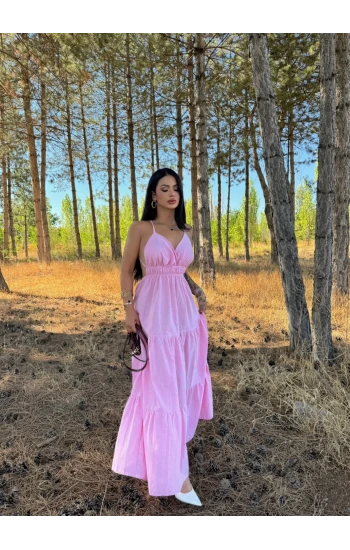 Pembe Askılı İnci Keten Elbise