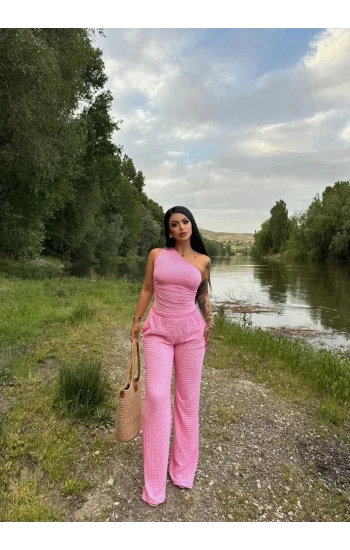 Pembe Gofre Tek Omuz İkili Takım