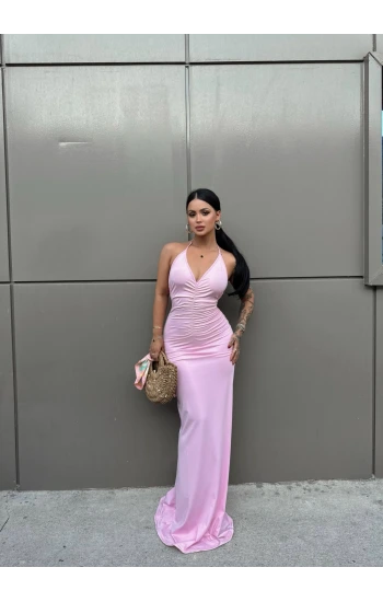 Pembe Göğüs Büzgülü Maxi Elbise