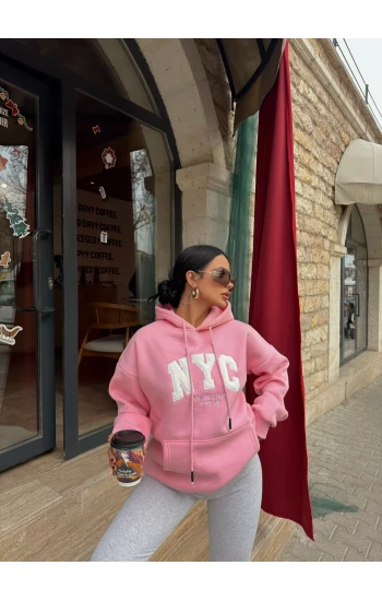 Pembe Nyc Şardonlu Oversize Sweat