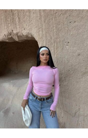 Pembe Yaka Degaje Büzgülü Crop