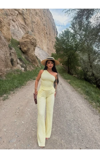 Sarı Gofre Tek Omuz İkili Takım