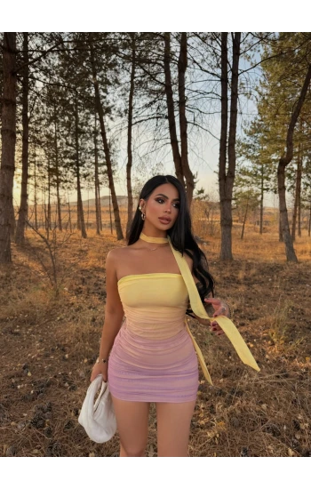 Sarı Renk Geçişli Fularlı Elbise