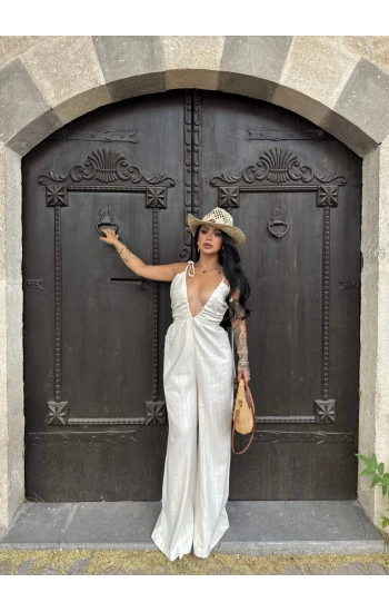 Sırt Dekolte Keten Tulum