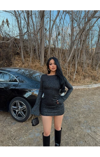 Sırt Dekolte Simli Elbise