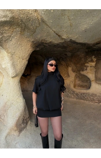 Siyah Balıkçı Yaka Yarasa Elbise