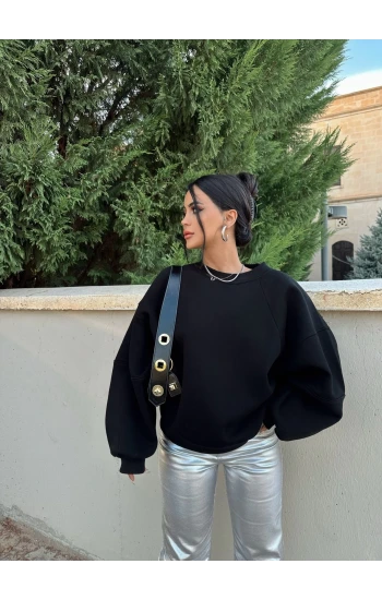 Siyah Balon Kollu Üç İplik Sweat