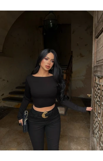 Siyah Basic Geniş Yaka Crop
