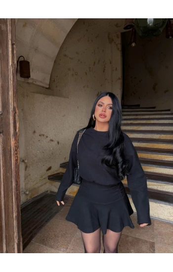 Siyah Bel Büzgülü Selanik Elbise