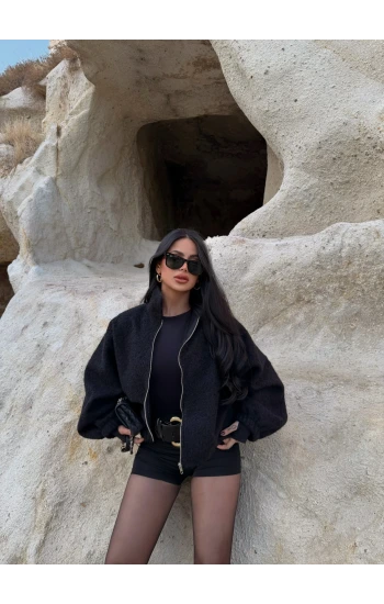 Siyah Bel Lastikli Kaşe Bomber Ceket