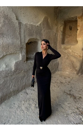 Siyah Bel Tokalı Drapeli Elbise