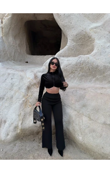 Siyah Bol Paça Triko Pantolon