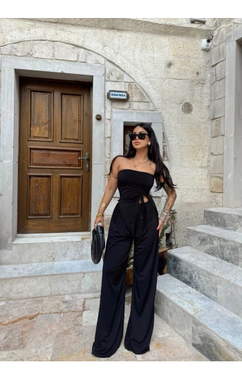 Siyah Büzgülü Straplez İkili Takım