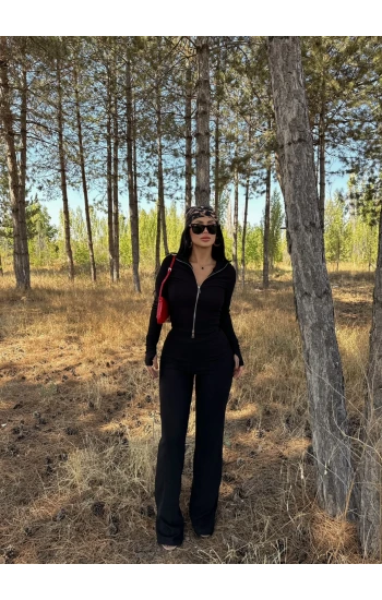 Siyah Çift Fermuarlı Fitilli İkili Takım